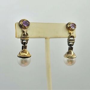 Vintage Earrings Amethyst Faux Pearl Dangle 925 Sterling Silver‎ Vermeil Jewelry